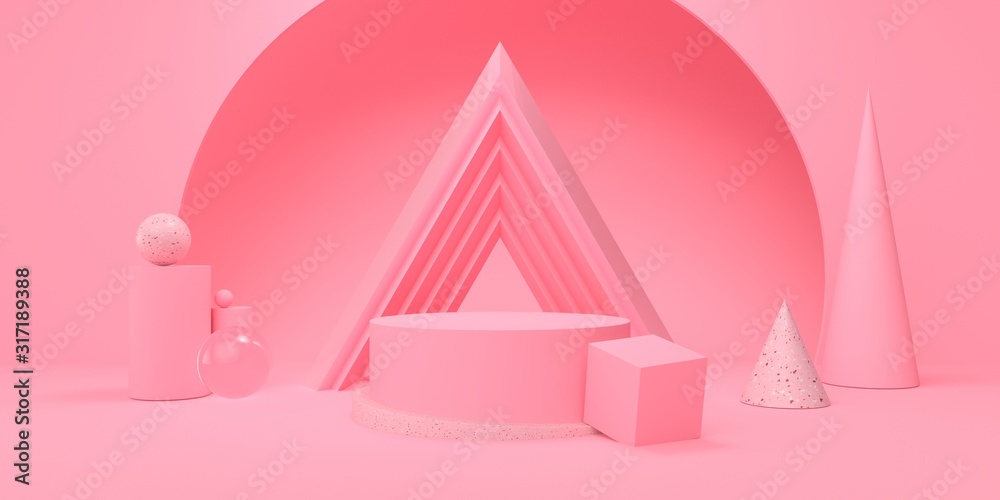 Fototapeta premium Abstract pink studio with podium and geometric shape pastel color for cosmetic or product 3d render