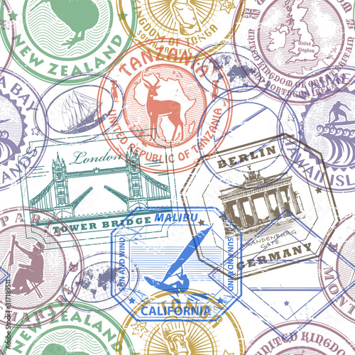 Passport stamps background - set seamless pattern