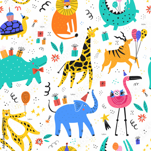 Animals at party flat vector seamless pattern