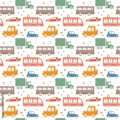 Seamless pattern of hand drawn cute cartoon cars for kids design, wrapping, package