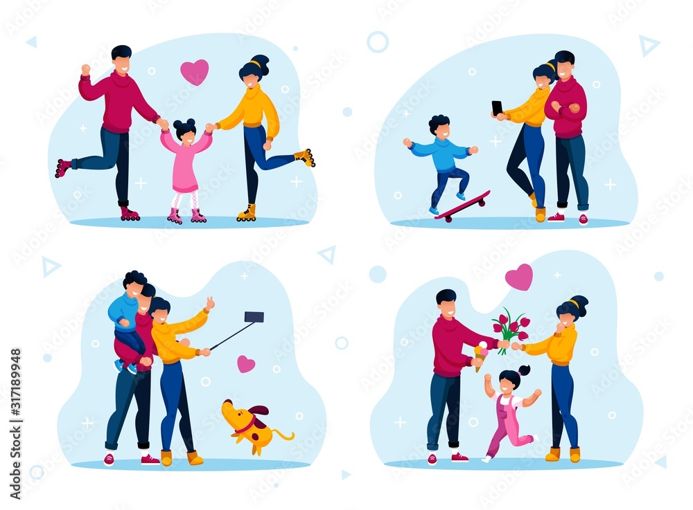 Family Active Lifestyle, Leisure Trendy Flat Vector Set. Parents with Children Riding Roller-Skates, Photographing Sons Skateboard Trick, Shooting Selfie, Spending Time Together Isolated Illustrations Family Active Lifestyle, Leisure Trendy Flat Vector Set. Parents with Children Riding Roller-Skates, Photographing Sons Skateboard Trick, Shooting Selfie, Spending Time Together Isolated Illustrations