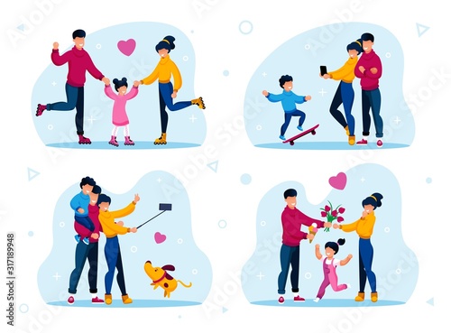 Family Active Lifestyle, Leisure Trendy Flat Vector Set. Parents with Children Riding Roller-Skates, Photographing Sons Skateboard Trick, Shooting Selfie, Spending Time Together Isolated Illustrations