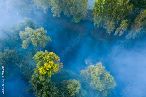 Aerial view of magic landscape of foggy river. Early morning. River surrounded of trees