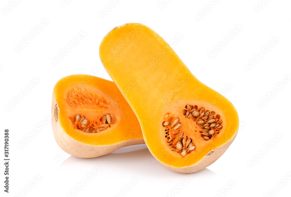 Ταπετσαρία half butternut squash with seeds isolated on white background.