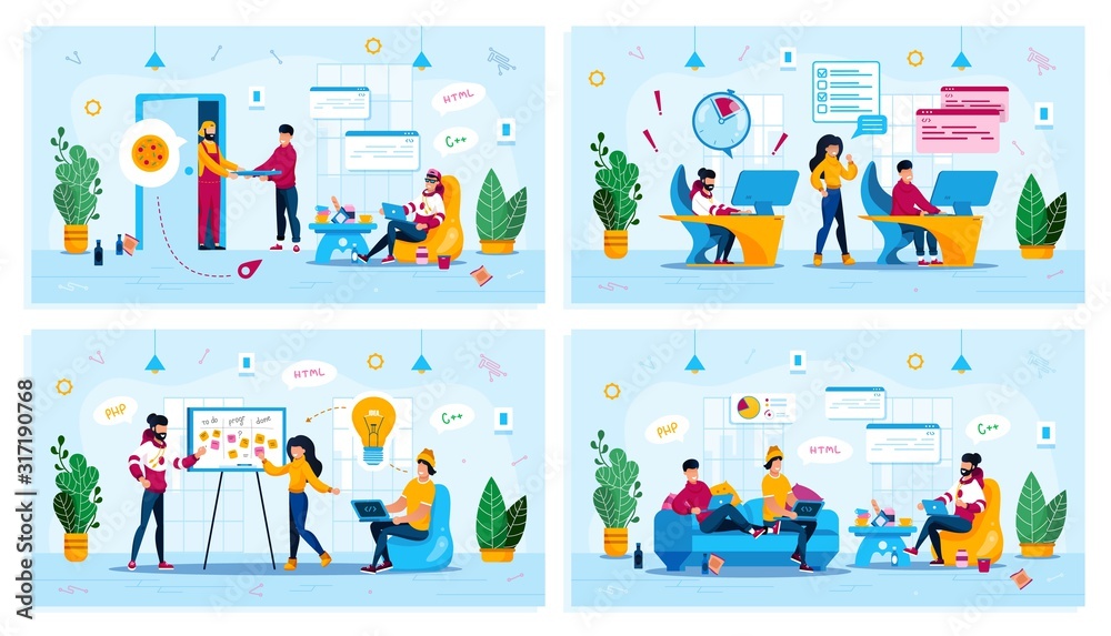 Distant Work, Project Development Meeting, Freelance Work Trendy Flat Vector Concepts Set. Freelancer Ordering Pizza, Software Developers Failing Deadline, Programmers Discussing Ideas Illustration