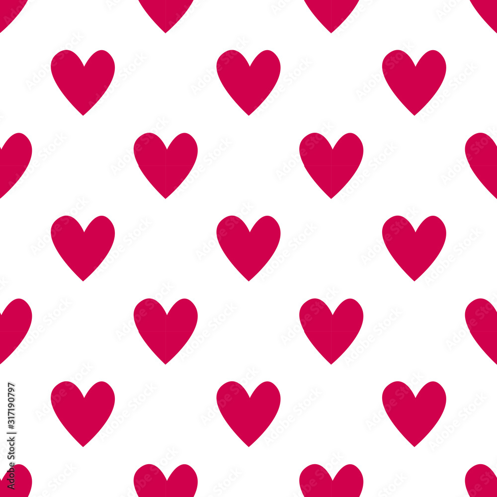 Red heart seamless pattern on white background, vector illustration.