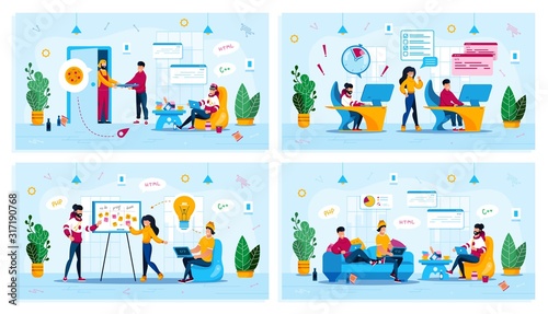 Distant Work, Project Development Meeting, Freelance Work Trendy Flat Vector Concepts Set. Freelancer Ordering Pizza, Software Developers Failing Deadline, Programmers Discussing Ideas Illustration