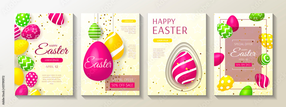Set of A4 cards for Happy Easter with colored decorated eggs. Vector illustration for card, postcard, advertisement, promotion, poster, flyer, banner, special offer, commercial.