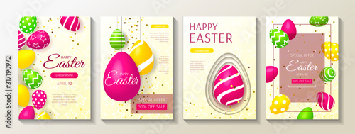 Set of A4 cards for Happy Easter with colored decorated eggs. Vector illustration for card, postcard, advertisement, promotion, poster, flyer, banner, special offer, commercial.