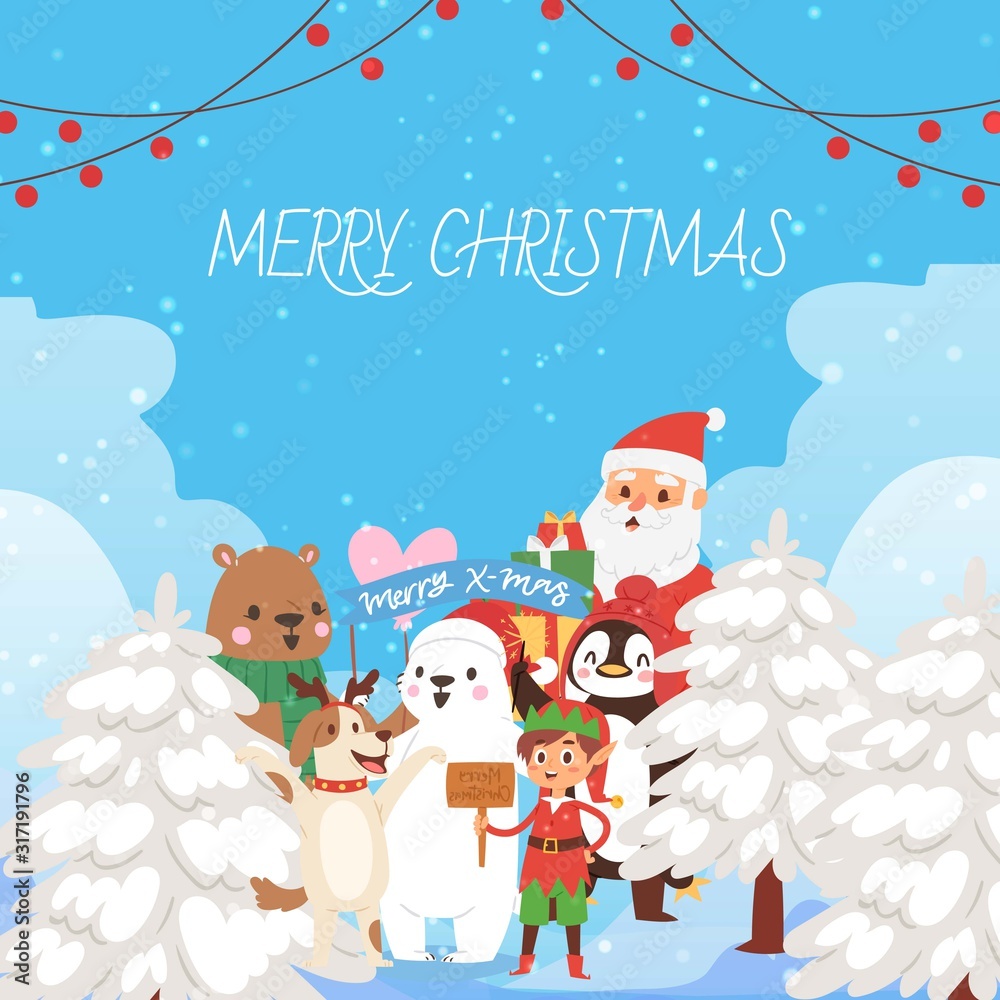 Merry Christmas and Happy New Year vector illustration. Santa Claus and christmas cute animals character. Happy bear, penguin, elf with dog and gifts in snow forest scene. Winter landscape card. Merry Christmas and Happy New Year vector illustration. Santa Claus and christmas cute animals character. Happy bear, penguin, elf with dog and gifts in snow forest scene. Winter landscape card.