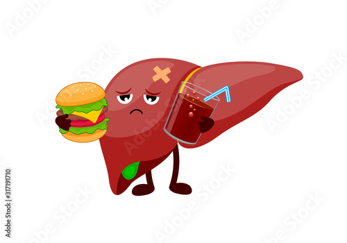 Unhappy liver character with burger and unhealthy drink. Human health care concept. Cartoon character design. Vector illustration isolated on white background.