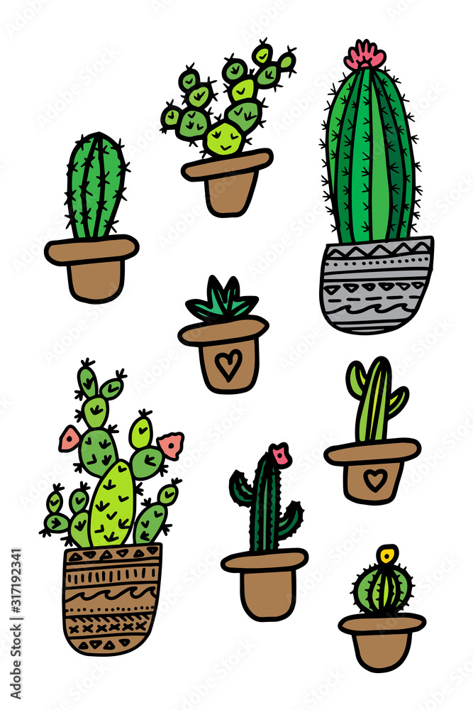 Hand drawn cactus family set isolated on white background Hand drawn cactus family set isolated on white background