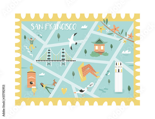 Postal stamp with San Francisco map and symbols