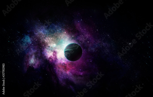 abstract space illustration  a small planet in the shining of stars in pink and purple tones