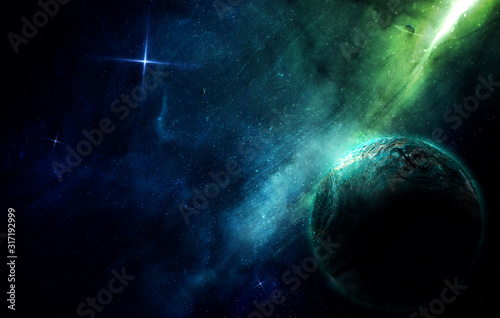 abstract space illustration, planet and blue-green nebula in the radiance of stars