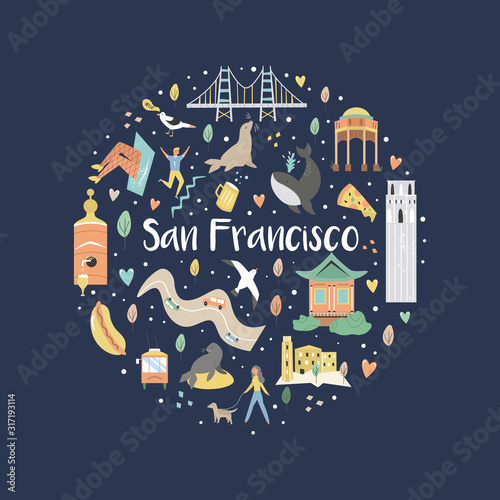 San Francisco hand drawn flat vector with symbols
