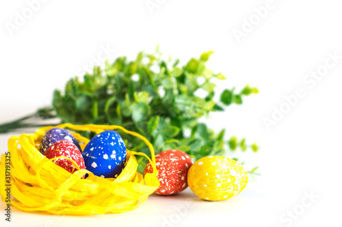 Easter photo. Easter eggs on the table, white background.