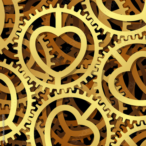 Golden clockwork with a heart symbol.