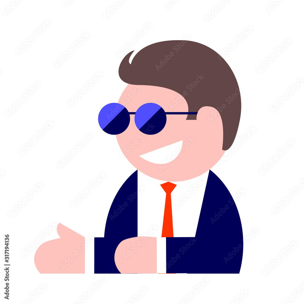 Drawing of a modern business man in sunglasses, a suit and tie. Friendly smile on the face. Vector isolated illustration in flat style for icon or symbol.
