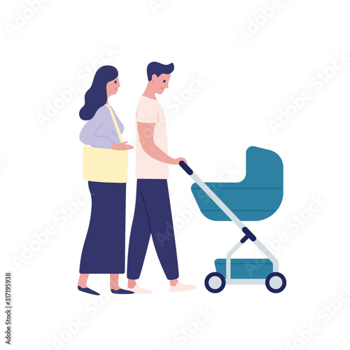 Mother and father with baby carriage flat vector illustration