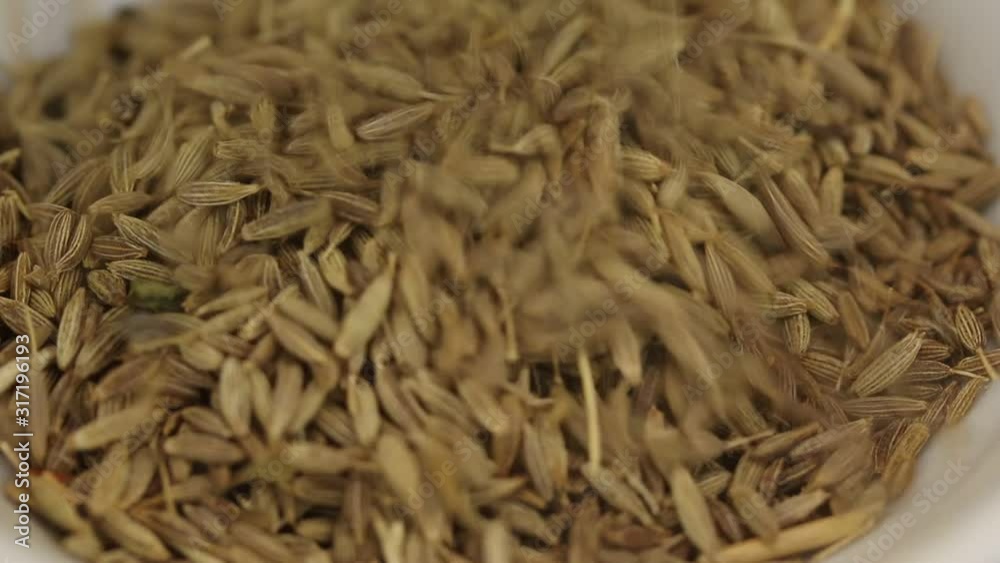 Zira seeds fall in a glass transparent bowl, close-up Zira seeds fall in a glass transparent bowl, close-up
