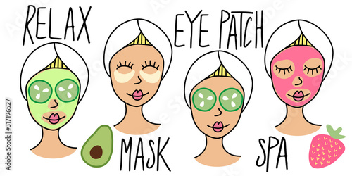 Set of four girl faces while doing skin care procedures