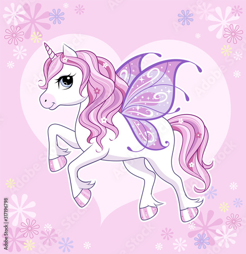 Cute little unicorn character with butterfly wings over pink background. Vector.