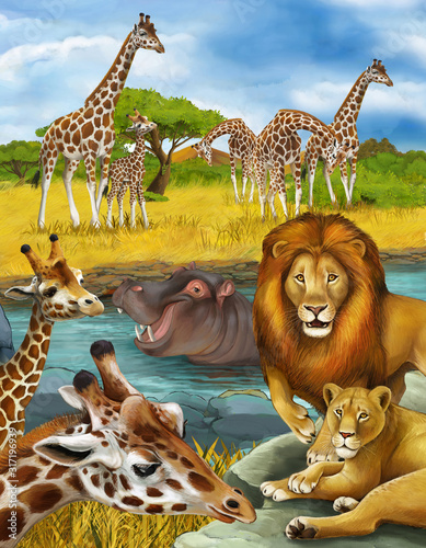 Fototapeta Naklejka Na Ścianę i Meble -  cartoon scene with giraffe and hippopotamus hippo near river and lion