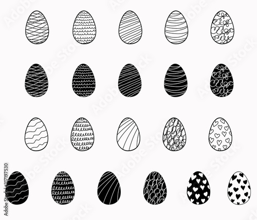 Easter eggs set. Simple outline doodle and silhouette elements with pattern for the festive decoration of banners, postcards, icons. Stock vector illustration isolated on transparent background.