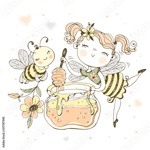 Flower fairy with a pot of honey and a cheerful bee. Vector
