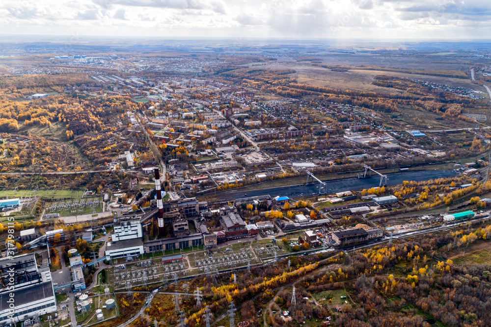 A small town combined with an industrial area. aerial view.