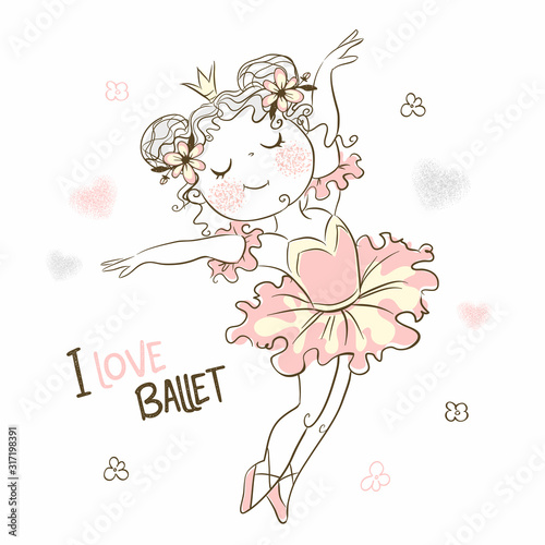 A cute little ballerina in a pink tutu is dancing. Vector.