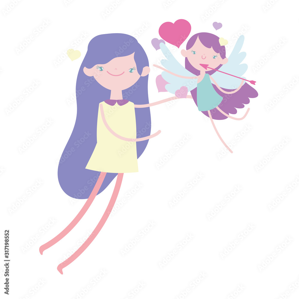 happy valentines day, beautiful girl and flying little cupid with arrow and hearts love happy valentines day, beautiful girl and flying little cupid with arrow and hearts love