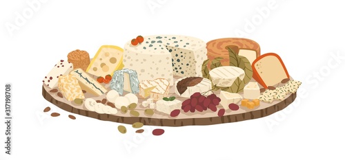 Composition of various cheeses on plate vector illustration. Collection of lactic product on rustic wooden board isolated on white background. Set of realistic dairy delicatessen with grape.