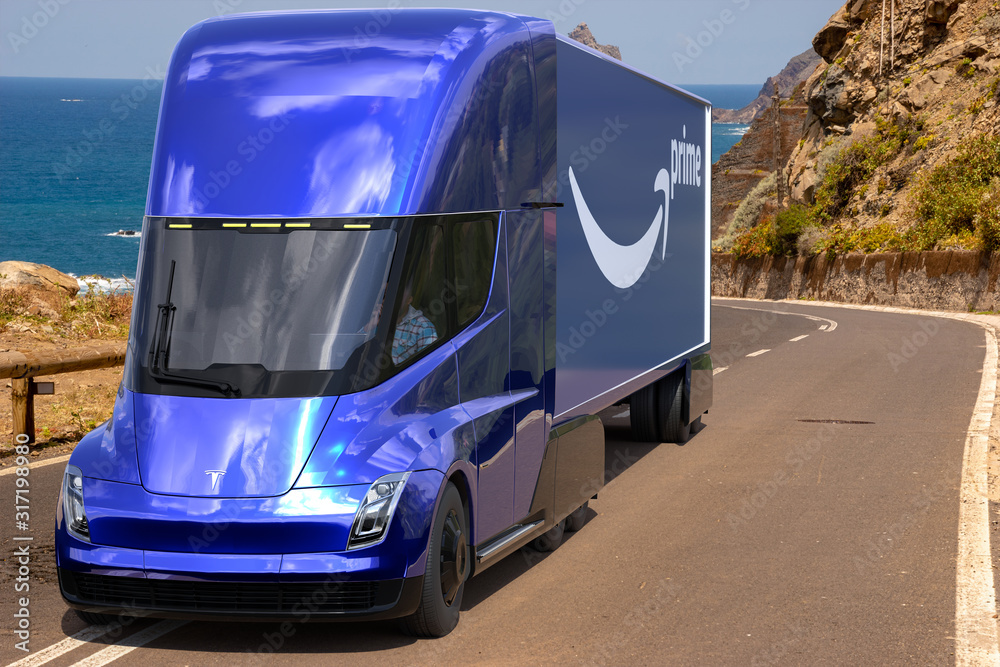 Tesla Semi Truck with a semitrailer with the Amazon Prime logo Stock