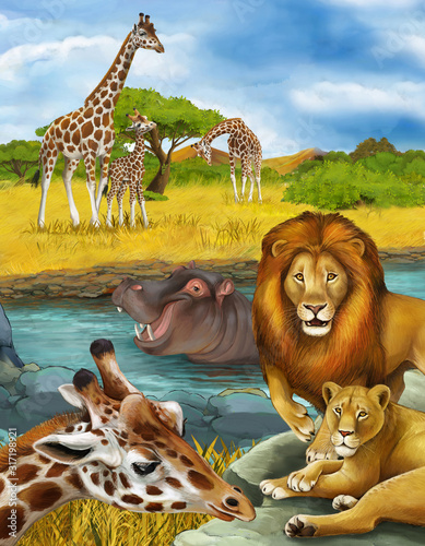 cartoon scene with giraffe and hippopotamus hippo near river and lion