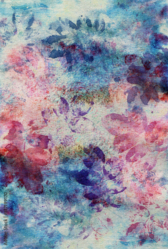 Colorful watercolor texture with soft spots and plant leaves prints