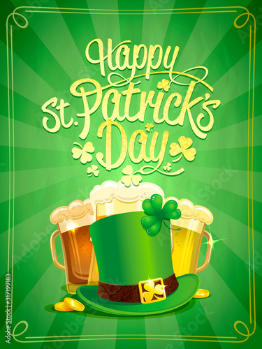 Happy Patrick's Day poster, illustration with leprechaun hat