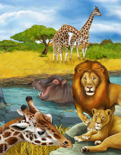 cartoon scene with giraffe and hippopotamus hippo near river and lion