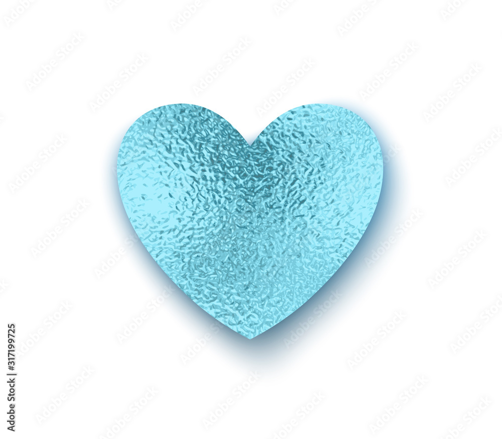 Golden blue foil texture heart. Valentine glitter decor isolated on white background. Vector shiny frozen metal element design.