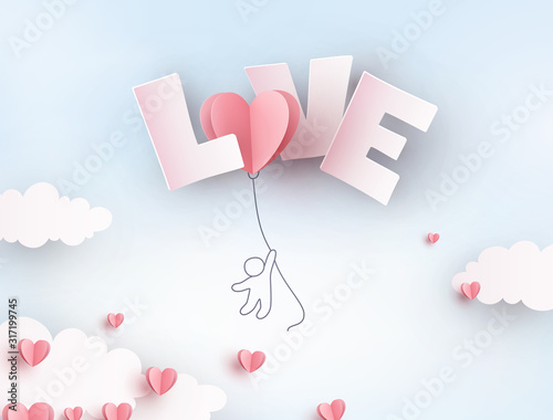 Pink heart flying balloon with man on blue sky background. Vector love postcard for Happy Mother's, Valentine's Day greeting card design.