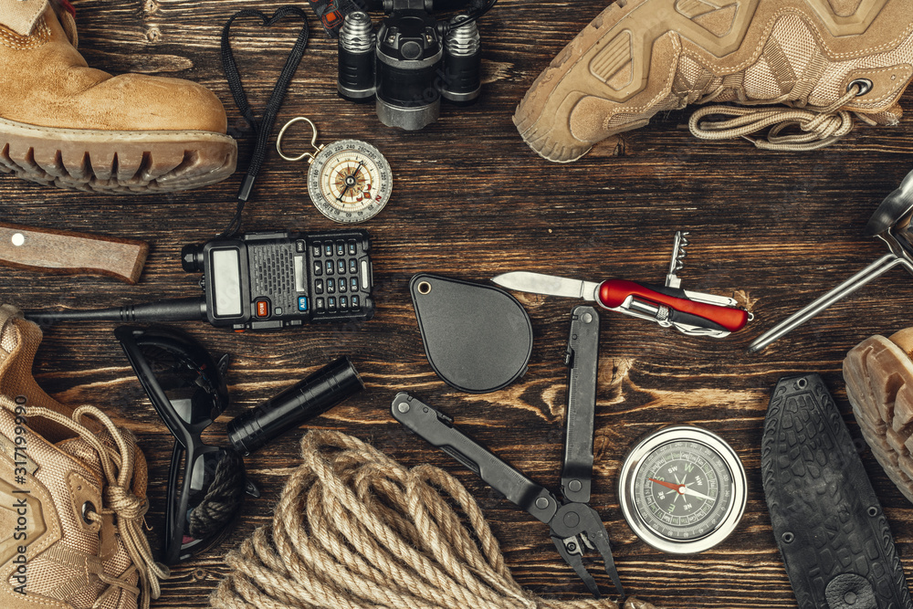 travel hiking equipment tools, view from above - obrazy, fototapety, plakaty 