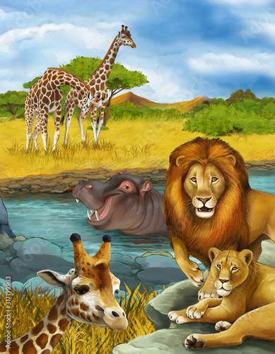 cartoon scene with giraffe and hippopotamus hippo near river and lion