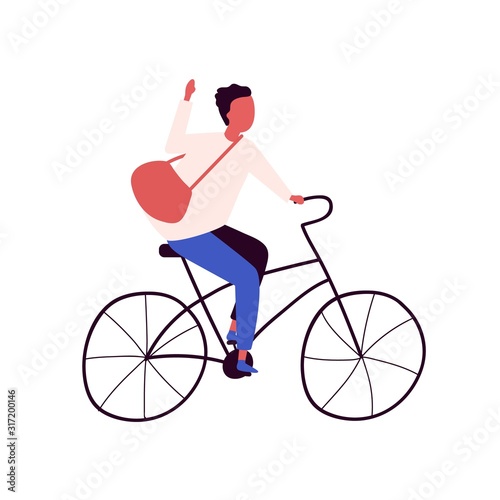 Happy man with bag riding city bicycle vector flat illustration. Positive postman guy on retro bike hand drawn isolated on white background. Handsome delivery male bicyclist.