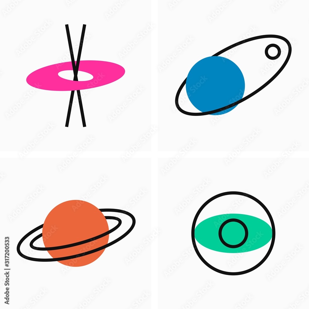 Fototapeta premium Celestial mechanics and planet orbits, flat and outline icon