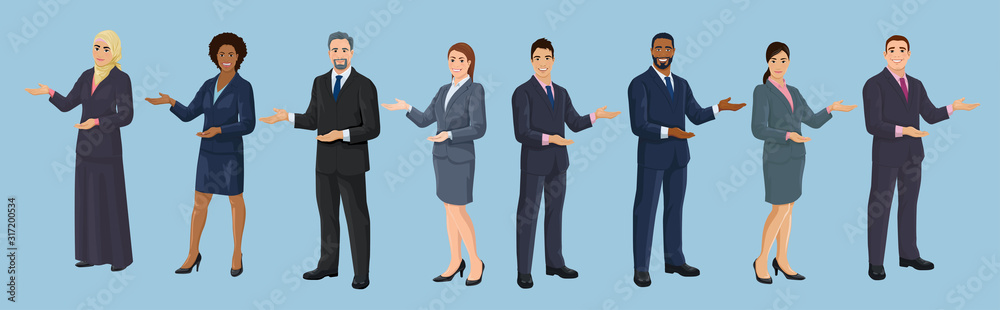 Diversity business people. European, African American, Asian and Arab business men and women are pointing sideways by hand. Set of isolated vector illustrations