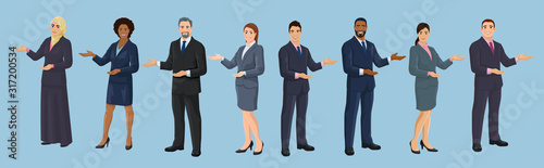 Diversity business people. European, African American, Asian and Arab business men and women are pointing sideways by hand. Set of isolated vector illustrations