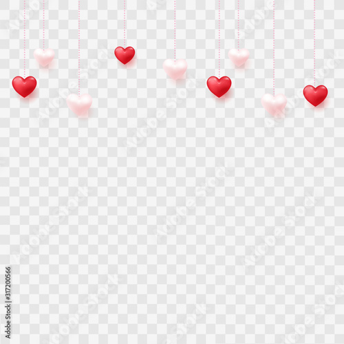 Hanging hearts on transparent background. Vector.