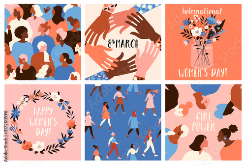 Collection of greeting card or postcard templates with flower bouquet in vase, floral wreath, feminism activists and Happy Womens Day wish. Modern festive vector illustration for 8 March celebration.