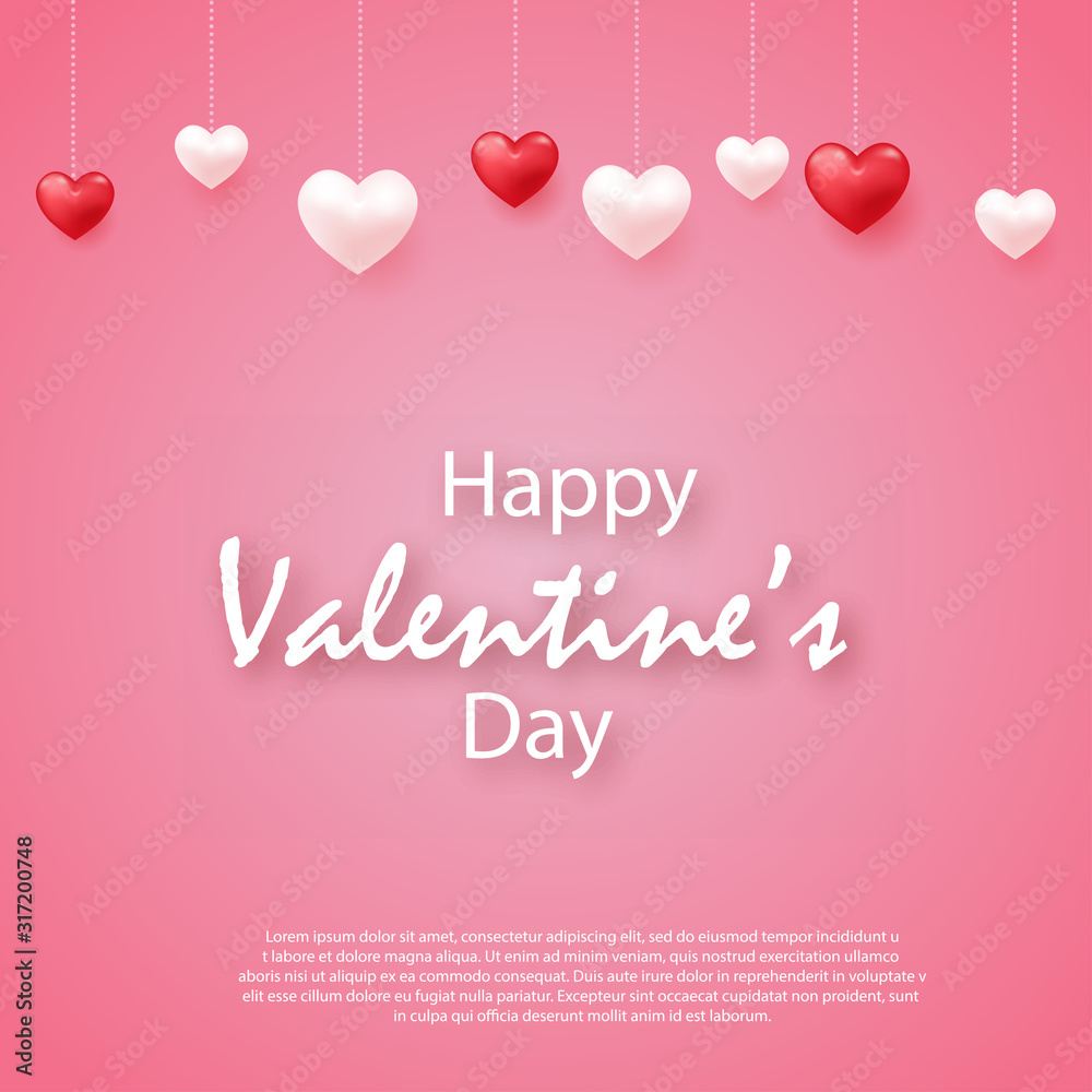 Happy Valentine's Day card with hanging hearts. Vector illustration